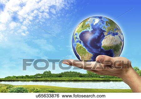 Stock Illustration - Person holding globe, artwork. Fotosearch