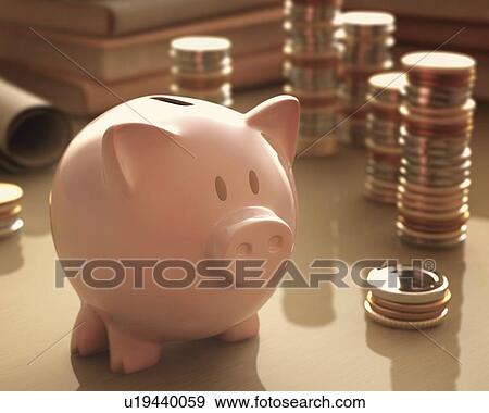 Piggy bank and coins, illustration View Large Illustration Stock Illustration - Piggy bank and coins, illustration. Fotosearch