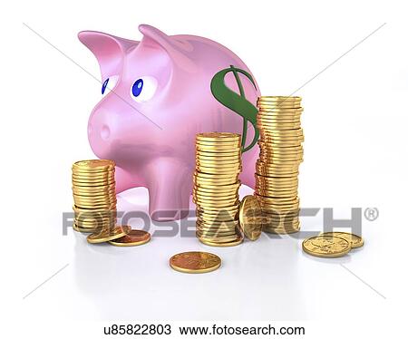 Piggy bank and gold coins, artwork View Large Illustration Drawing - Piggy bank and gold coins, artwork. Fotosearch