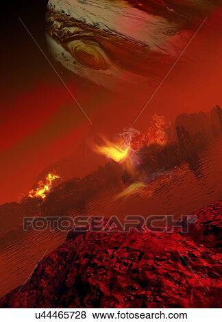 Planet with rocks and flames View Large Illustration Stock Illustration - Planet with rocks and flames. Fotosearch