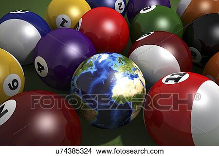 Pool balls and the globe, artwork View Large Illustration Stock Illustration - Pool balls and the globe, artwork. Fotosearch