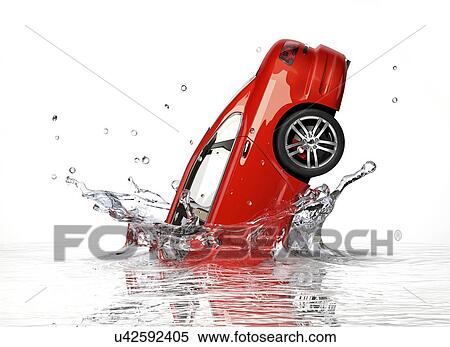 Stock Illustration - Red car splashing into water, artwork. Fotosearch