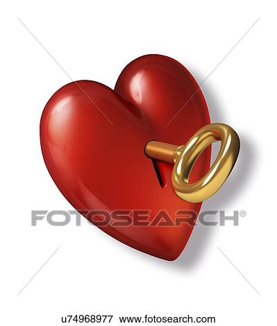 Stock Illustration - Red heart shape with a gold key, artwork. Fotosearch