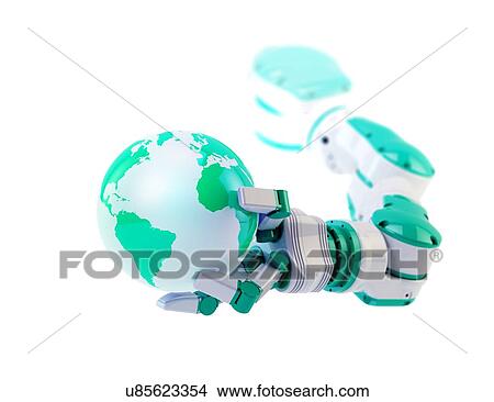 Stock Illustration - Robotic hand holding a globe, artwork. Fotosearch