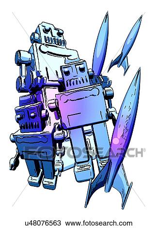 Drawing - Robots and rockets, artwork. Fotosearch