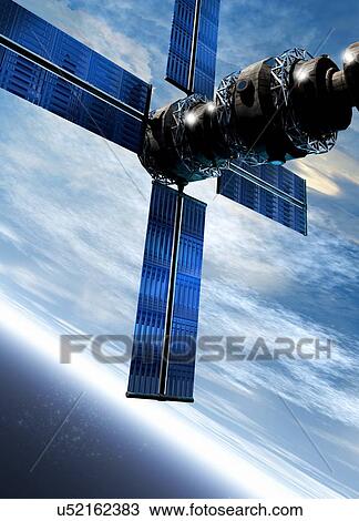 Drawing - Satellite orbiting the Earth. Fotosearch