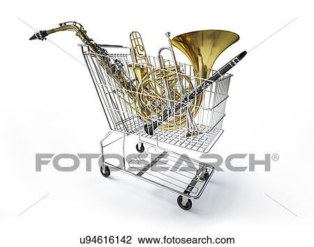 Shopping trolley and musical instruments View Large Illustration Drawing - Shopping trolley and musical instruments. Fotosearch
