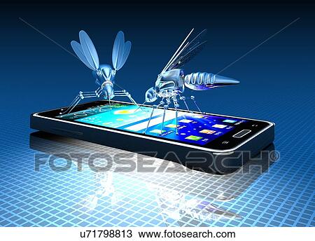 Drawing - Smartphone with nano bugs, artwork. Fotosearch