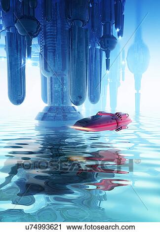Space craft and futuristic city, artwork View Large Illustration Clip Art - Space craft and futuristic city, artwork. Fotosearch