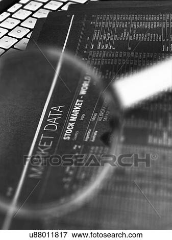 Stock Illustration - Stock market figures and magnifying glass. Fotosearch