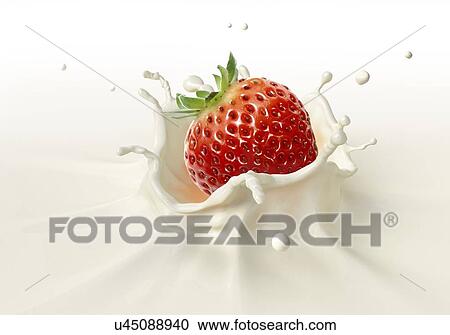 Clipart - Strawberry splashing into milk, artwork. Fotosearch