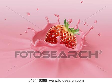 Stock Illustration - Strawberry splashing into milkshake. Fotosearch