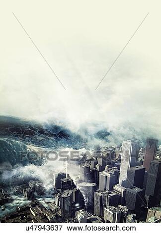 Stock Illustration - Tsunami hitting a city, artwork. Fotosearch