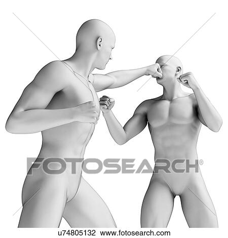 Drawing - Two men fighting, illustration. Fotosearch