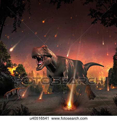 Tyrannosaurs fleeing a hail of meteorites View Large Illustration Clip Art - Tyrannosaurs fleeing a hail of meteorites. Fotosearch