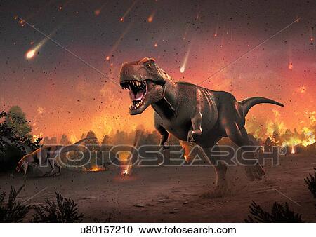 Tyrannosaurs fleeing a hail of meteorites View Large Illustration Clipart - Tyrannosaurs fleeing a hail of meteorites. Fotosearch