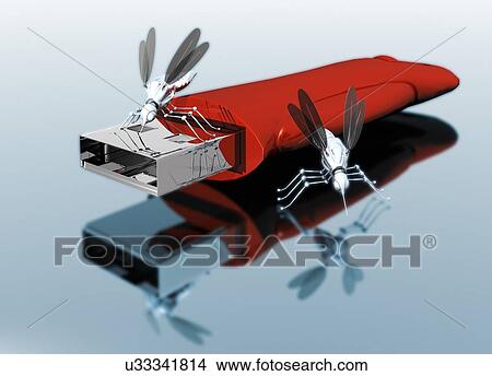Stock Illustration - USB drive with nano bugs, artwork. Fotosearch