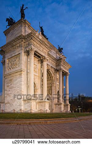 Stock Image - Arch of Peace at night, Piazza Sempione, Milan, Italy. Fotosearch