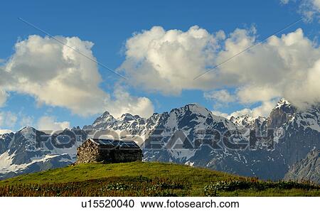 Stock Image - Barn on hill, Mazeri village, Svaneti, Georgia. Fotosearch