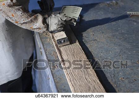 Stock Image - Carpenter working on wood plank in factory, Jiangsu, China. Fotosearch