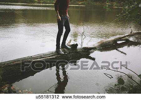 Stock Image - Cropped shot of young man standing on tree trunk in river. Fotosearch