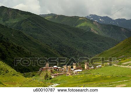 Distant view of old Svanetian towers in valley, Ushguli village, Svaneti, Georgia View Large Photo Image Stock Photo - Distant view of old Svanetian towers in valley, Ushguli village, Svaneti, Georgia. Fotosearch
