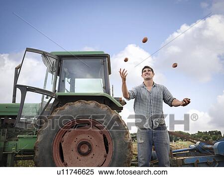 Stock Photography - Farmer juggling with freshly harvested organic potatoes. Fotosearch