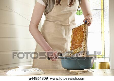 Female beekeeper in kitchen scraping "super" (honeycomb frame) View Large Photo Image Stock Photo - Female beekeeper in kitchen scraping "super" (honeycomb frame). Fotosearch