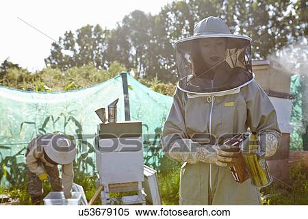 Stock Photography - Female beekeepers working on city allotment. Fotosearch