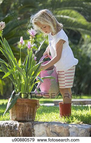 Girl watering garden plant View Large Photo Image Stock Photo - Girl watering garden plant. Fotosearch