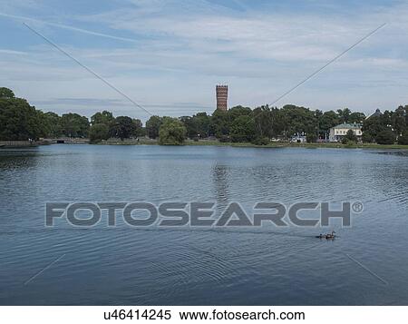 Stock Photography - Lake and historic tower, Oland, Sweden. Fotosearch