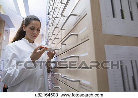 Pharmacist in pharmacy looking at medicine box View Large Photo Image Stock Image - Pharmacist in pharmacy looking at medicine box. Fotosearch
