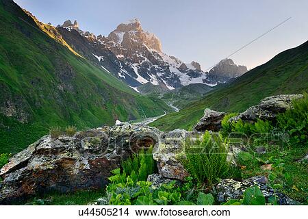 Picture - Valley and Ushba mountain peak, Svaneti, Georgia. Fotosearch