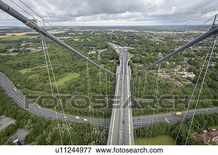 Stock Photo - View from the top of suspension bridge. The Humber Bridge, UK was built in 1981 and at the time was the world's largest single-span suspension bridge. Fotosearch