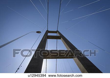 Picture - View of the top of suspension bridge. The Humber Bridge, UK was built in 1981 and at the time was the world's largest single-span suspension bridge. Fotosearch