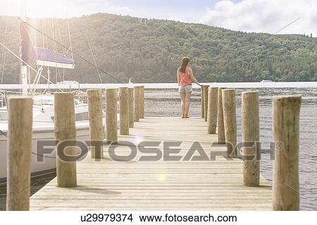 Young woman standing on jetty looking over lake on sunny day View Large Photo Image Picture - Young woman standing on jetty looking over lake on sunny day. Fotosearch