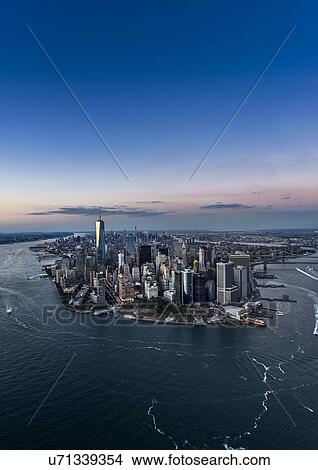 Aerial view of city with Freedom tower at night View Large Photo Image Picture - Aerial view of city with Freedom tower at night. Fotosearch