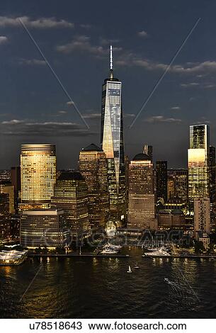 Aerial view of city with Freedom tower at night View Large Photo Image Stock Image - Aerial view of city with Freedom tower at night. Fotosearch