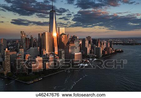 Aerial view of city with Freedom tower at night View Large Photo Image Stock Photograph - Aerial view of city with Freedom tower at night. Fotosearch