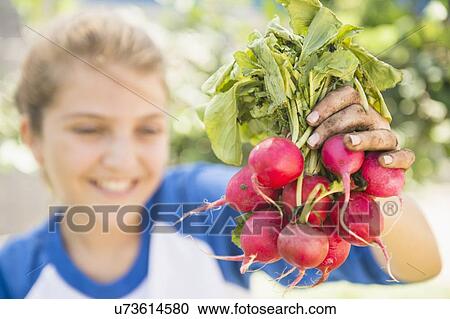 Girl (12-13) showing bunch of radish View Large Photo Image Stock Image - Girl (12-13) showing bunch of radish. Fotosearch