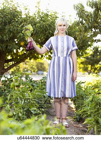 Woman wearing striped dress working in vegetable garden View Large Photo Image Stock Image - Woman wearing striped dress working in vegetable garden. Fotosearch
