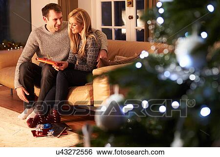 Stock Photograph - Couple Exchanging Gifts By Christmas Tree. Fotosearch
