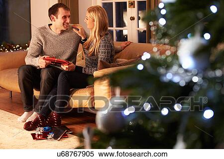Couple Exchanging Gifts By Christmas Tree View Large Photo Image Stock Photography - Couple Exchanging Gifts By Christmas Tree. Fotosearch