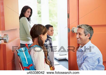 Father Saying Goodbye To Children As They Leave For School View Large Photo Image Stock Image - Father Saying Goodbye To Children As They Leave For School. Fotosearch