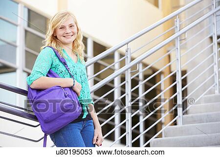 Female High School Student Standing Outside Building View Large Photo Image Stock Image - Female High School Student Standing Outside Building. Fotosearch