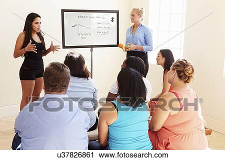 Stock Image - Fitness Instructor Addressing Overweight People At Diet Club. Fotosearch