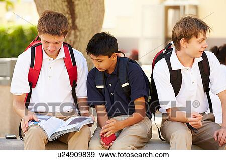 Male High School Students Hanging Out On School Campus View Large Photo Image Stock Photo - Male High School Students Hanging Out On School Campus . Fotosearch