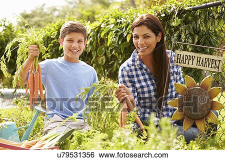 Stock Photograph - Mother And Son Working On Allotment Together. Fotosearch