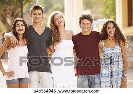 Portrait Of Teenage Group Walking Along Street View Large Photo Image Stock Photography - Portrait Of Teenage Group Walking Along Street. Fotosearch