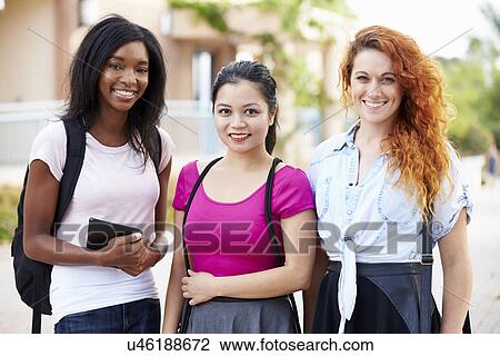 Three Female University Student Outdoors On Campus View Large Photo Image Stock Image - Three Female University Student Outdoors On Campus. Fotosearch
